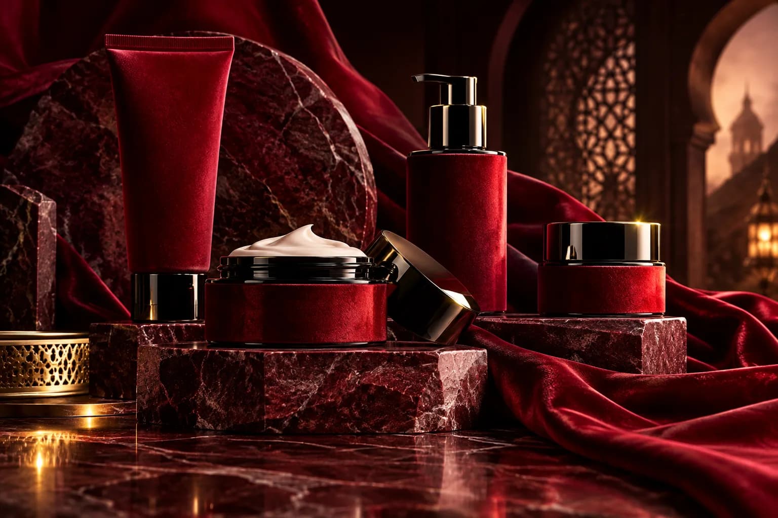 Red foot-care cosmetic jars on burgundy stone platforms with flowing crimson fabric